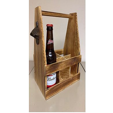 11.25" Wooden 6 Bottle Caddy With Opener