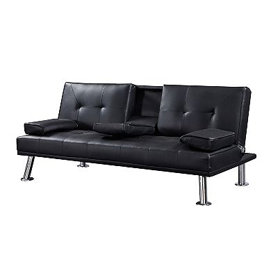 F.c Design Faux Leather Loveseat Sofa Bed With Cup Holders - Convertible Folding Sleeper Couch