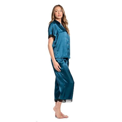 Women's Lilac+London Satin Short Sleeve Notchneck Pajama Top & Cropped Pajama Pants