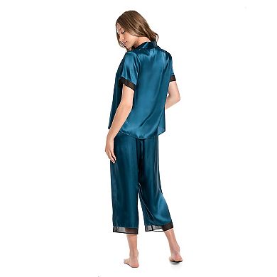 Women's Lilac+London Satin Short Sleeve Notchneck Pajama Top & Cropped Pajama Pants