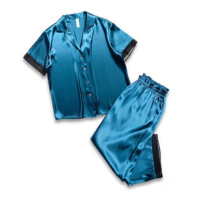 Plus Size Lilac+London Satin Short Sleeve Notchneck Pajama Top & Cropped Pajama Pants
