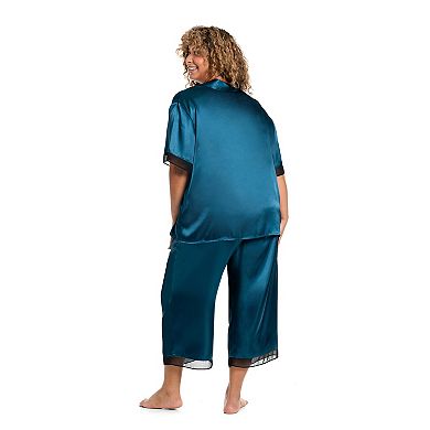 Plus Size Lilac+London Satin Short Sleeve Notchneck Pajama Top & Cropped Pajama Pants