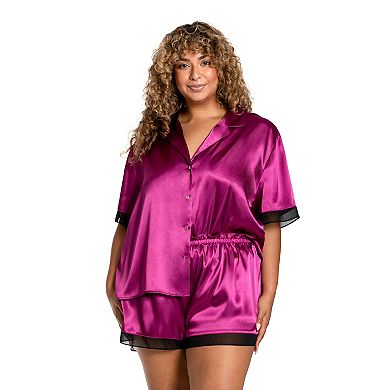 Plus Size Lilac+London Satin Short Sleeve Pajama Top & Chiffon Trim Pajama Shorts