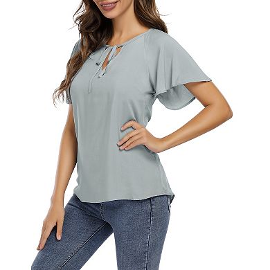 Women Causal Drawstring Blouse,v Neck Short Sleeve Black Tunic Tops