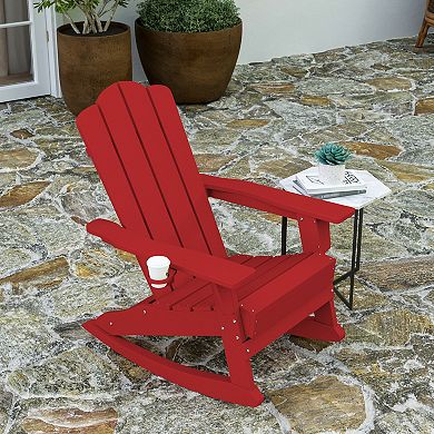 Merrick Lane Nassau All-Weather Rocking Adirondack Chair with Swiveling Cupholder