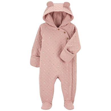 Baby Girl Carter's Pink Floral Print Hooded Ear Quilted Jumpsuit