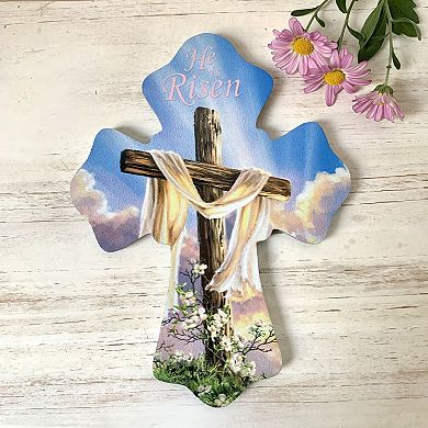8" Blue and White 'He is Risen' Religious Wall Cross