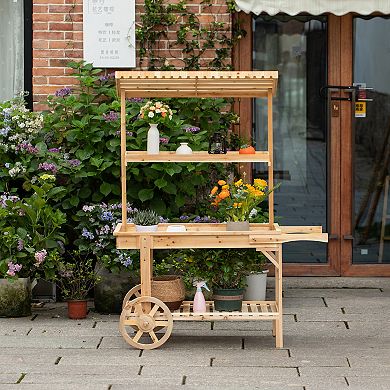 Antique Solid Wood Decor Display Rack Cart Wood Plant Stands with Wheels for Decor Display