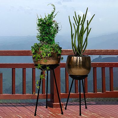 Hammered Metal Floor Flower Planter Holder for your Entryway, Living Room, or Dining Room