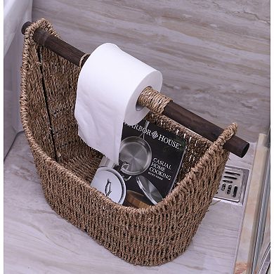 Free Standing Magazine and Toilet Paper Holder Basket with Wooden Rod