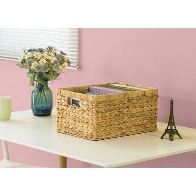 Natural Woven Water Hyacinth Wicker Rectangular Storage Bin Basket with Handles