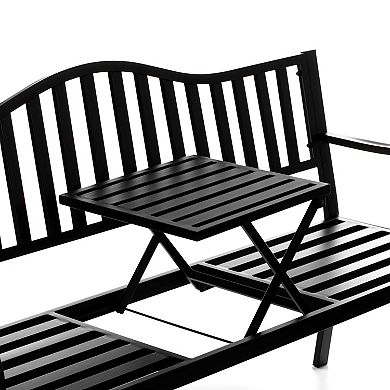 Outdoor Powder Coated Steel Park Bench, Garden Bench with Pop Up Middle Table