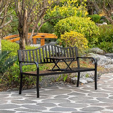 Outdoor Powder Coated Steel Park Bench, Garden Bench with Pop Up Middle Table