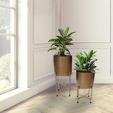 Set of 2 Decorative Modern Metal Cylinder Floor Flower Planter Holders with Stand