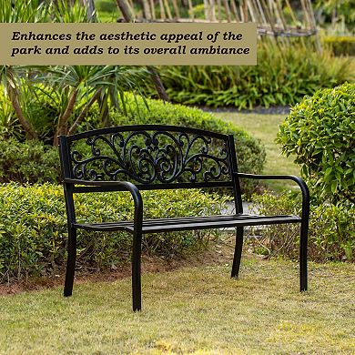 Steel Outdoor Powder Coated Garden Park Seating Bench with Cast Iron Backrest, Lawn Decor