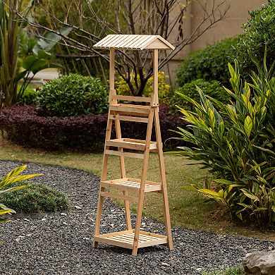 Slim Narrow Wooden Shelf Stand Cart Plant Shelf with Artistic Roof Design