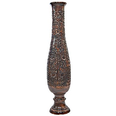 Antique Decorative Hand Curved Wood Floor Vase Trumpet Design with Textured Pattern