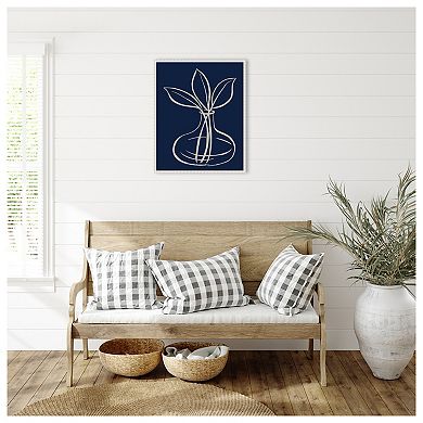 Line Leaves In Vase On Navy I By Elizabeth Medley Framed Canvas Wall Art Print