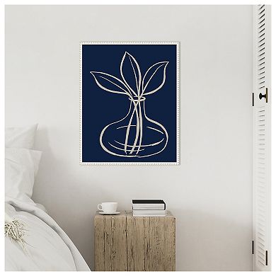 Line Leaves In Vase On Navy I By Elizabeth Medley Framed Canvas Wall Art Print