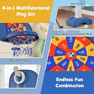 4-in-1 Adjustable Kids Basketball Hoop With Ring Toss Sticky Ball