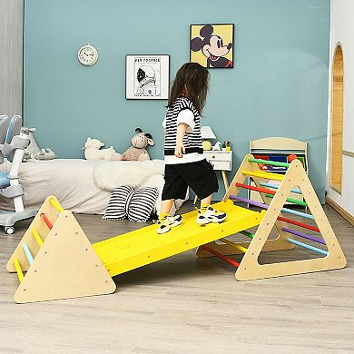 3 In 1 Wooden Set Of 2 Triangle Climber With Ramp For Slid