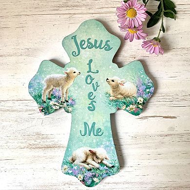 8" Green and White 'Jesus Loves Me' Religious Wall Cross