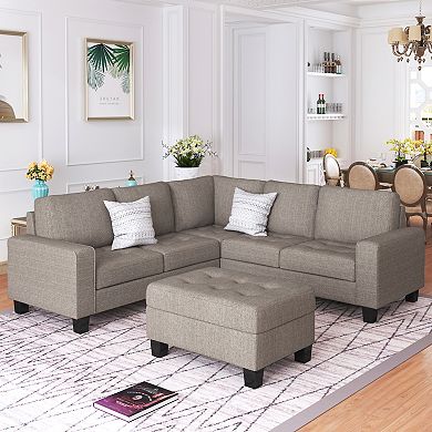 F.c Design Sectional Corner Sofa L-shape Couch With Storage Ottoman & Cup Holders
