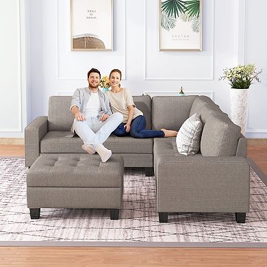 F.c Design Sectional Corner Sofa L-shape Couch With Storage Ottoman & Cup Holders