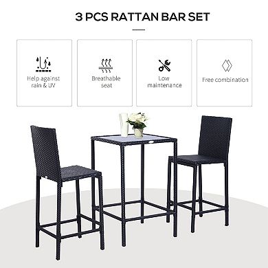 3pc Rattan Bar Dining Chair Glass Table Set Bistro Barstool Furniture