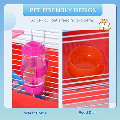 Hamster Cage With Wheel, Portable Handles, Water Bottle And Dishes