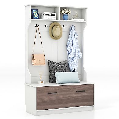 3 In 1 Coat Rack With Entryway Bench And Hooks And Enclosed Cabinet