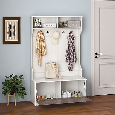 3 In 1 Coat Rack With Entryway Bench And Hooks And Enclosed Cabinet