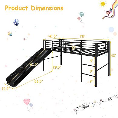 Twin Metal Loft Bed With Slide Safety Guardrails And Built-in Ladder