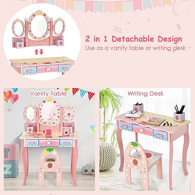 Kids Vanity Princess Makeup Dressing Table Chair Set With Tri-fold Mirror