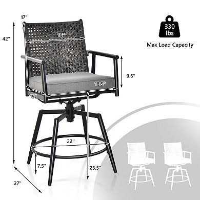 360 Degree Swivel Bar Stool Set Of 2 With Metal Frame And Pe Rattan Backrest-black