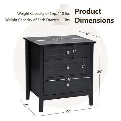 Nightstand Beside End Side Table Organizer With 3 Drawers