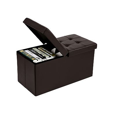 Folding Storage Ottoman Bench With Flipping Lid, Storage Chest Footstool, Faux Leather