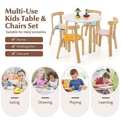 5-Piece Kids Wooden Curved Back Activity Table and Chair Set With Toy Bricks