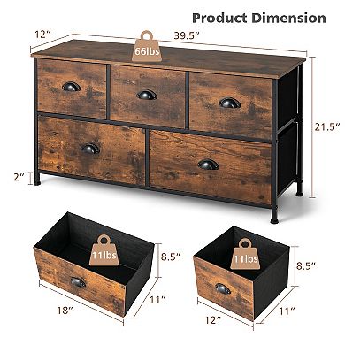 Dresser Organizer with 5 Drawers and Wooden Top-Rustic Brown