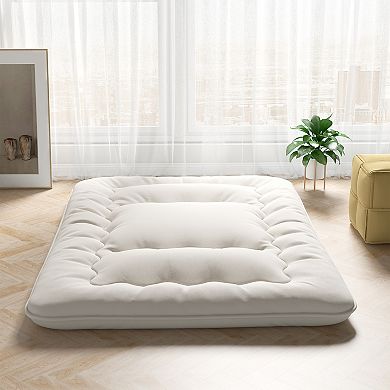 Futon Mattress Floor Sleeping Pad With Washable Cover Beige-Full Size