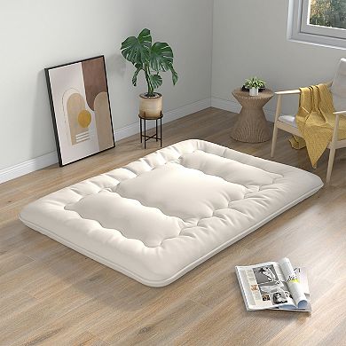 Futon Mattress Floor Sleeping Pad With Washable Cover Beige-Full Size