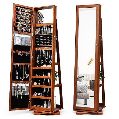 360 Degree Rotatable 2-in-1 Lockable Jewelry Cabinet with Full-Length Mirror