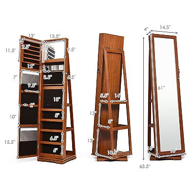 360 Degree Rotatable 2-in-1 Lockable Jewelry Cabinet with Full-Length Mirror