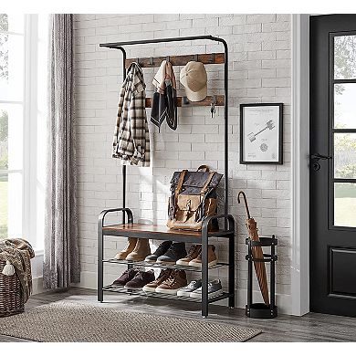 Coat Rack, Hall Tree With Shoe Bench For Entryway, Industrial Accent Furniture With Steel Frame