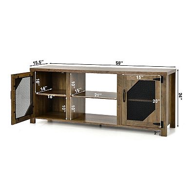 Tv Stand For Tvs Up To 65-inch With 2 Metal Mesh Doors And Ad-rustic Brown