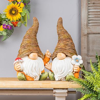 Distressed Garden Gnome Statue With Mushroom And Flower Accent (set Of 2)