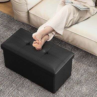 Upholstered Rectangle Footstool With Pvc Leather Surface And Storage Function