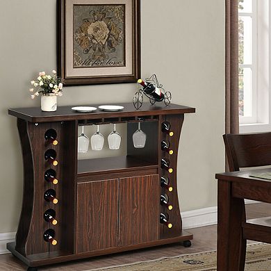 Rolling Buffet Sideboard Wooden Bar Storage Cabinet-walnut