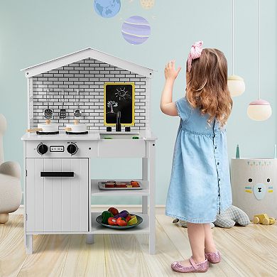 Kids Wooden Kitchen Play Set With Storage Shelves And Accessories-white