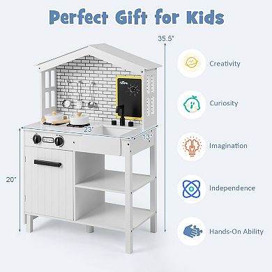 Kids Wooden Kitchen Play Set With Storage Shelves And Accessories-white